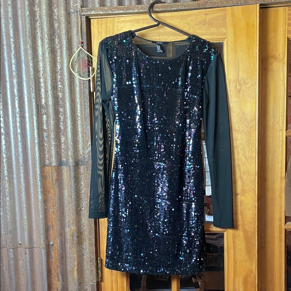 Forever 21 Black Sequin Long Sleeve Mini Dress, Size M